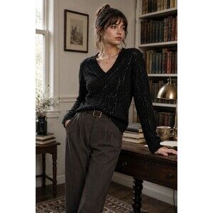 Mudd Womens Sweater Medium Black Sparkle V-Neck 90s Whimsigoth Dark Academia